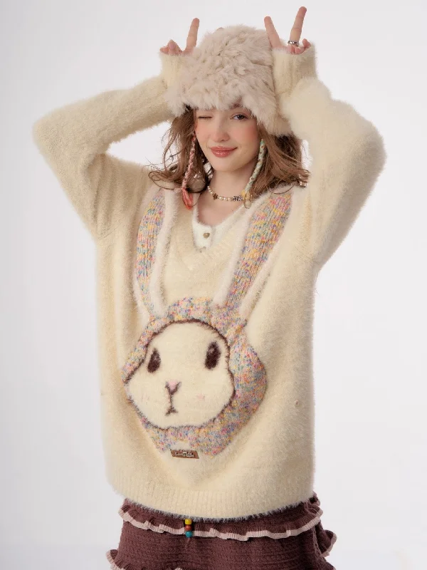 Lazy Loose Rabbit V-neck Sweater ZIZ0017 Terry Blend Velvet Blend Canvas Blend