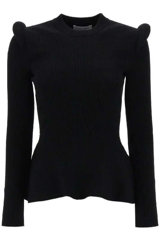 Ribbed Peplum Sweater  - Black Mesh Fabric Canvas Fabric Denim Fabric