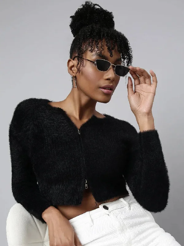 Women Solid Black Crop Cardigan-CHN-M5508-Black Fitted Loose Oversized