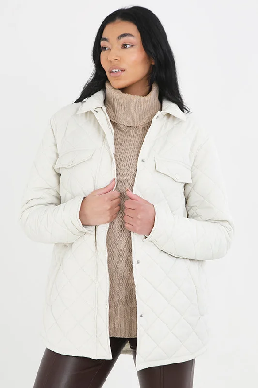 PLUS SIZE CREAM DIAMOND QUILTED PADDED JACKET Toggled Jacket Drawstring Jacket Belted Jacket