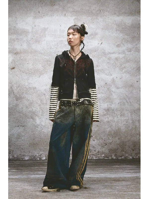 Fake Two Printed Studded Sweatshirt【s0000004696】 Hoodie with Hem Fringe Bohemian Relaxed Fake Two Printed Studded Sweatshirt【s0000004696】 Hoodie with Hem Fringe Bohemian Relaxed