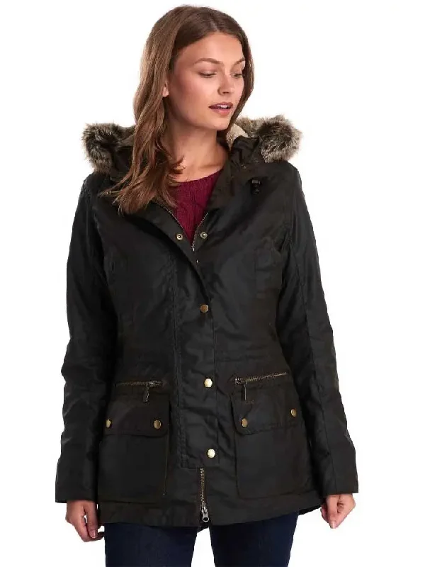 BARBOUR Kelsall Wax Jacket - Ladies Parka - Olive Hooded Jacket Caped Jacket Shawl Collar Jacket