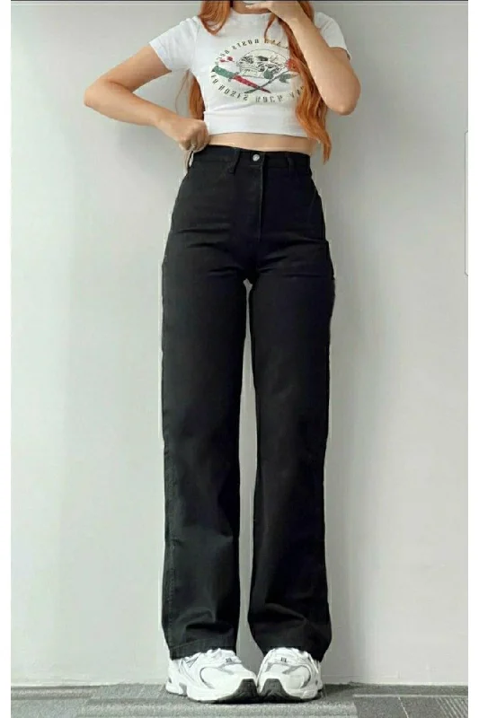 Black Lycra 90's Super High Wide Leg Denim Palazzo Trousers Trousers sophisticated sleek