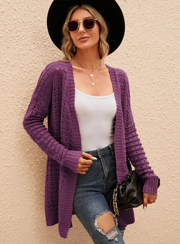 STYLISH SOLID COLOR HOLLOW KNIT CARDIGAN SWEATER COAT Welt Pockets Slit Pockets Flap Pockets