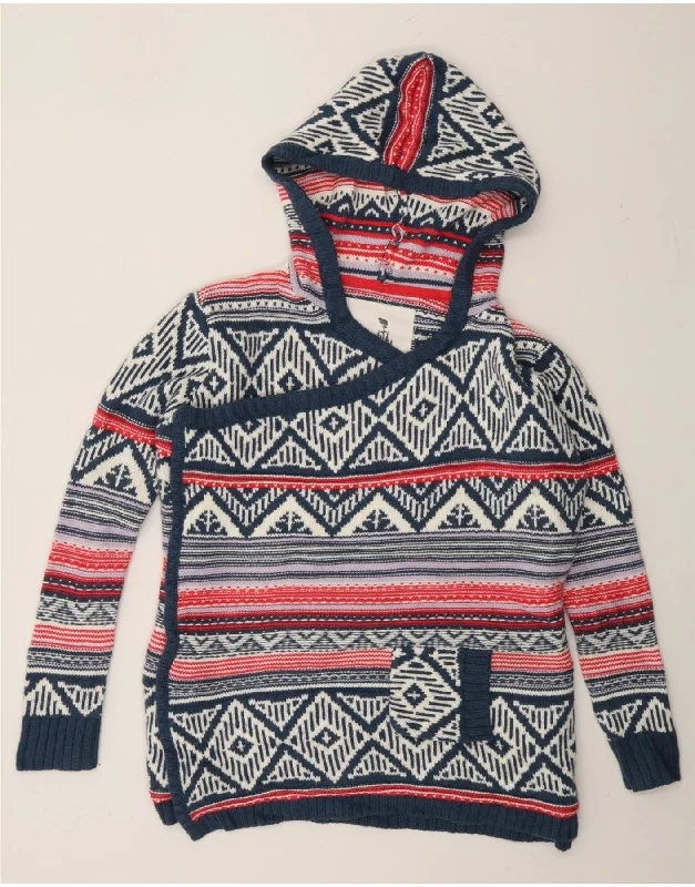 ANIMAL Womens Hooded Cardigan Sweater UK 8 Small Navy Blue Fair Isle Crew Neck V-Neck Turtle Neck