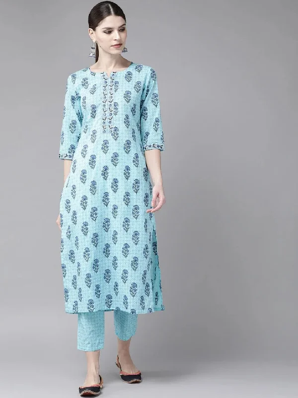 Blue Printed Cotton Straight Kurta With Trousers Trousers Cargo pockets