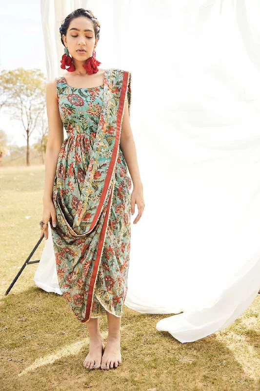 Block Printed Green Saree Dress