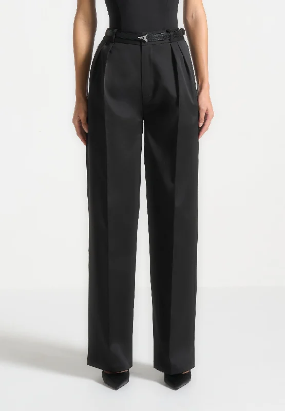 Sateen Twin Pleat Trousers - Black Trousers Striped Patterned