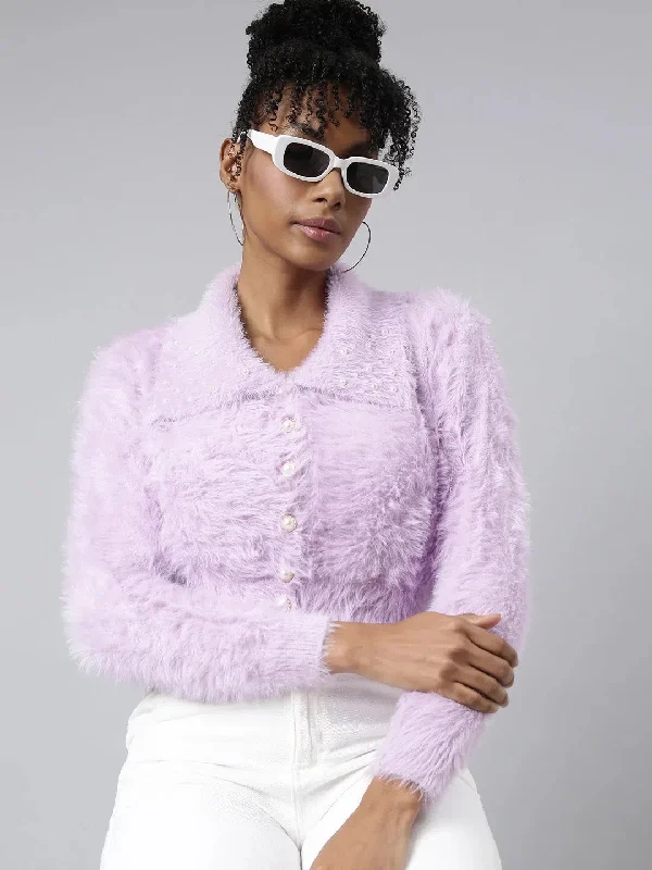 Women Solid Lavender Crop Cardigan-CHN-5240-Lavender Anti-Pilling Anti-Shrink Durable Women Solid Lavender Crop Cardigan-CHN-5240-Lavender Anti-Pilling Anti-Shrink Durable