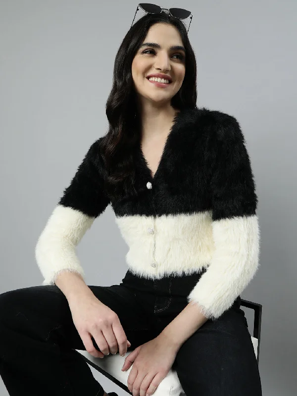 Women Colourblocked Crop Black Cardigan-CHN-3988-Black Chenille Blend Fleece Blend Nylon Blend Women Colourblocked Crop Black Cardigan-CHN-3988-Black Chenille Blend Fleece Blend Nylon Blend