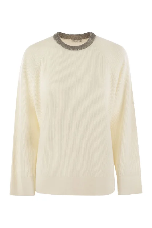 Ribbed cashmere sweater with necklace Terry Blend Velvet Blend Canvas Blend