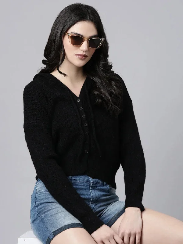 Women Solid Black Cardigan-9907A-Black Embroidered Appliqued Beaded