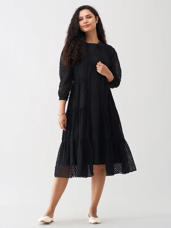 Black Crepe Chiffon Swiss Dot Boat Neck Tunic Top with Jacket Tiered Jacket Buttoned Jacket Zippered Jacket