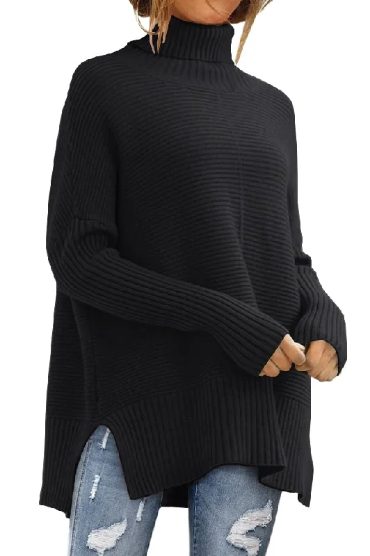 LILLUSORY Womens Turtleneck Oversized Tunic Fall Sweaters 2024 Trendy Casual Long Pullover Knit Winter Casual Cute Poncho Fashion Trendy Clothes Outfits Clothing Tops Black Sarouel Sleeve Pullover