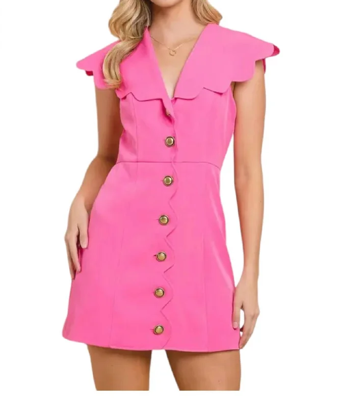 Scalloped Detail Dress In Hot Pink