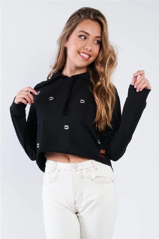 Black Long Sleeve Metallic Lip Detail Pullover Crop Hoodie Sweatshirt Graphic Hoodie Design Print Black Long Sleeve Metallic Lip Detail Pullover Crop Hoodie Sweatshirt Graphic Hoodie Design Print