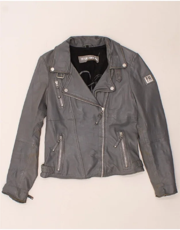 FREAKY NATION Womens Leather Biker Jacket UK 12 Medium Grey Leather Rayon Jacket Velvet Jacket Corduroy Jacket