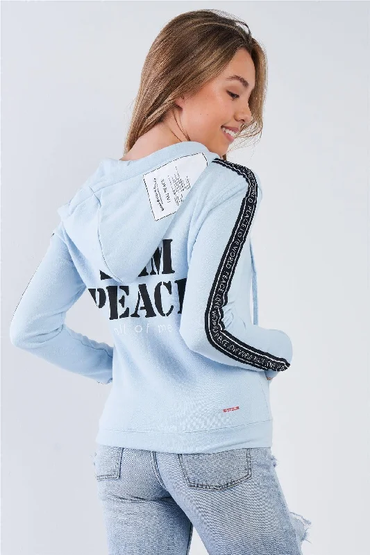 Baby Blue "I Am Peace, All Of Me" Graphic Long Sleeve Hoodie Sweatshirt Hoodie with Hem Embroidery Detailed Premium Baby Blue "I Am Peace, All Of Me" Graphic Long Sleeve Hoodie Sweatshirt Hoodie with Hem Embroidery Detailed Premium