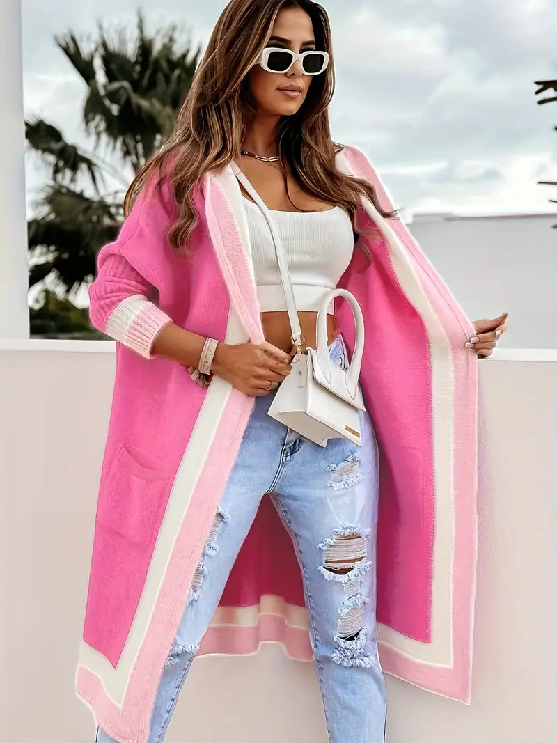 Color Block Open Front Knit Hooded Pink Long Sleeve Cardigan Embroidered Appliqued Beaded