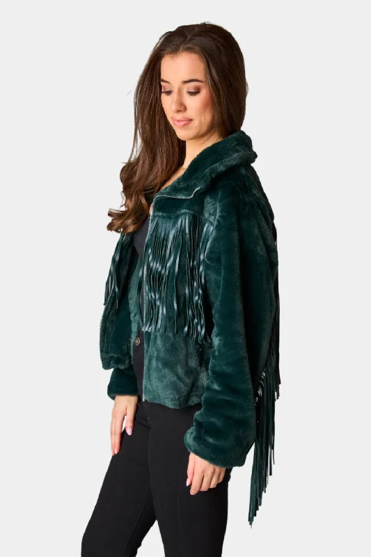 Skylar Fringe Faux Fur Jacket - Jade Herringbone Jacket Houndstooth Jacket Plaid Jacket