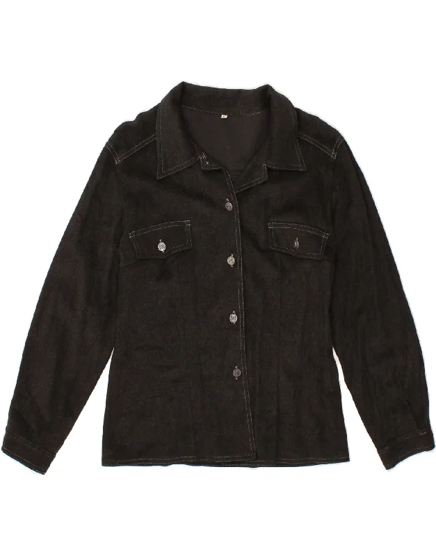 VINTAGE Womens Bomber Jacket UK 14 Medium Black Polyester Welt Pockets Slit Pockets Flap Pockets