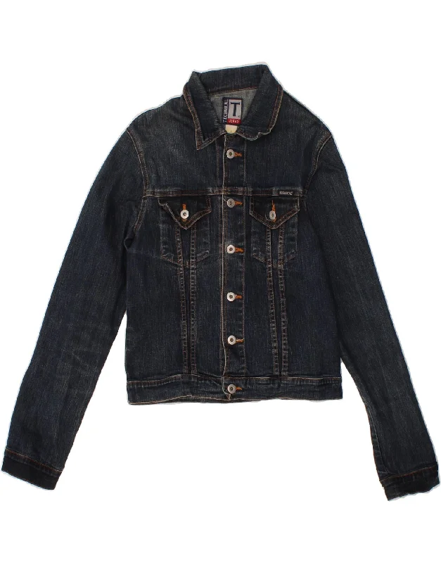 VINTAGE Womens Denim Jacket UK 14 Large Navy Blue Cotton Fleece Jacket Down Jacket Parka