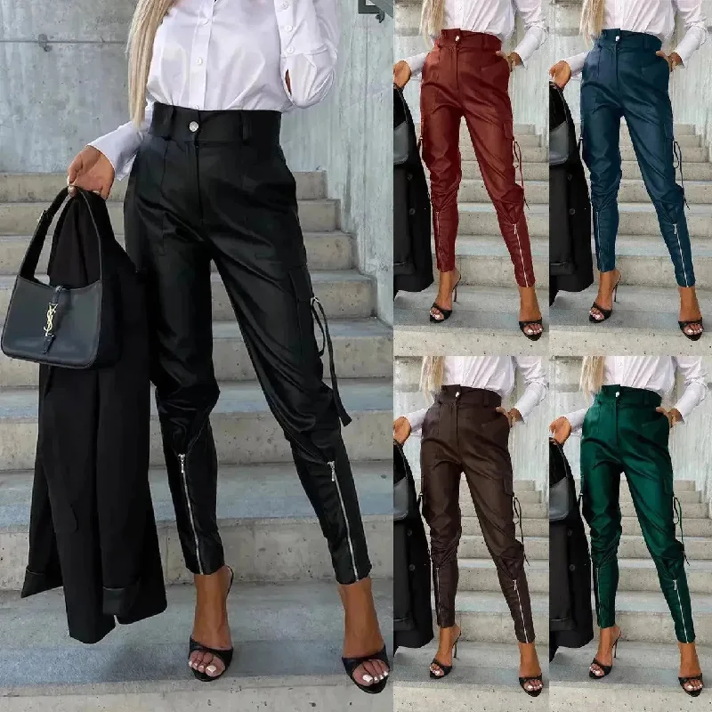 Fashion Slim-fitting Leather Trousers Women Waist-cinching Zipper Design Pants With Pockets Trousers Custom Made