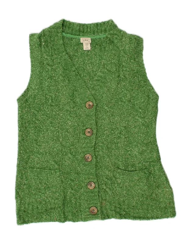 L.L.BEAN Womens Sleeveless Cardigan Sweater UK 18 XL Green Acrylic Mesh Blend Leather Blend Suede Blend