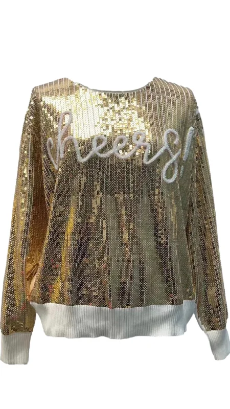 Gold Full Sequin Cheers Sweater | Queen of Sparkles Knit Fabric Woven Fabric Fleece Fabric