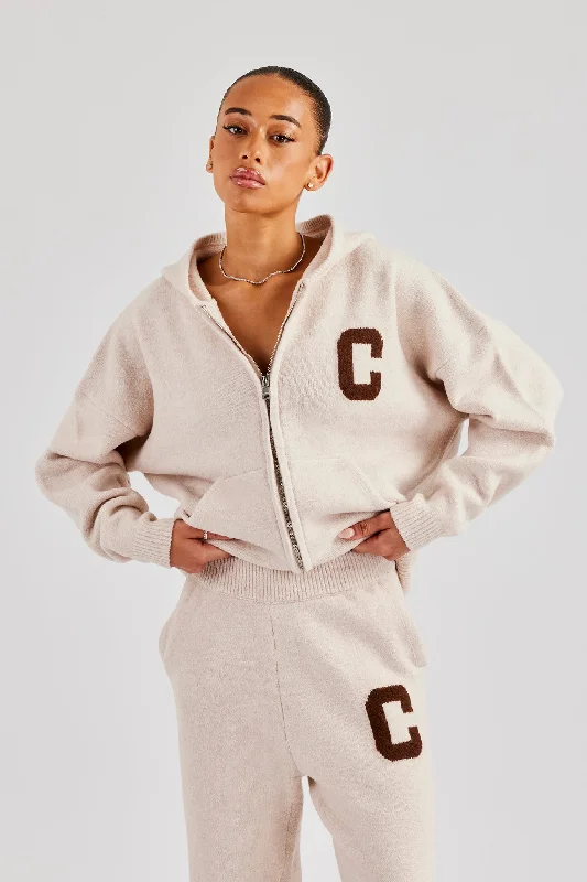 Hooded Zip Through Knitted Jumper - Off White Welt Pockets Slit Pockets Flap Pockets Hooded Zip Through Knitted Jumper - Off White Welt Pockets Slit Pockets Flap Pockets