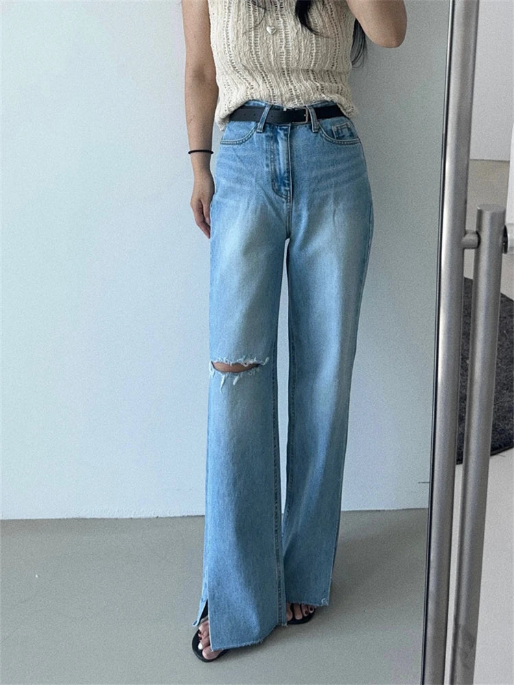 Advbridge  -  Women's Perforated Design Split Flared Jeans Vintage Street Cool Girl High Waisted Straight Pants Female Casual Denim Trousers Trousers practical easy-care