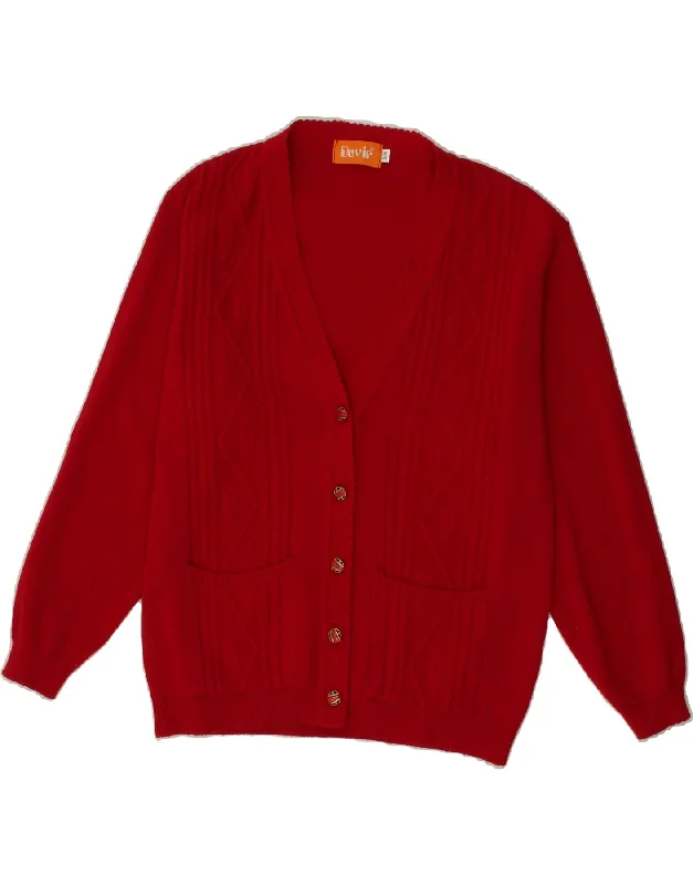 VINTAGE Womens Cardigan Sweater UK 14 Medium Red Acrylic Toggled Drawstring Belted