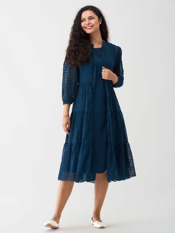 Nile Blue Crepe Chiffon Swiss Dot Boat Neck Tunic Top with Jacket Fleece Jacket Down Jacket Feather Jacket