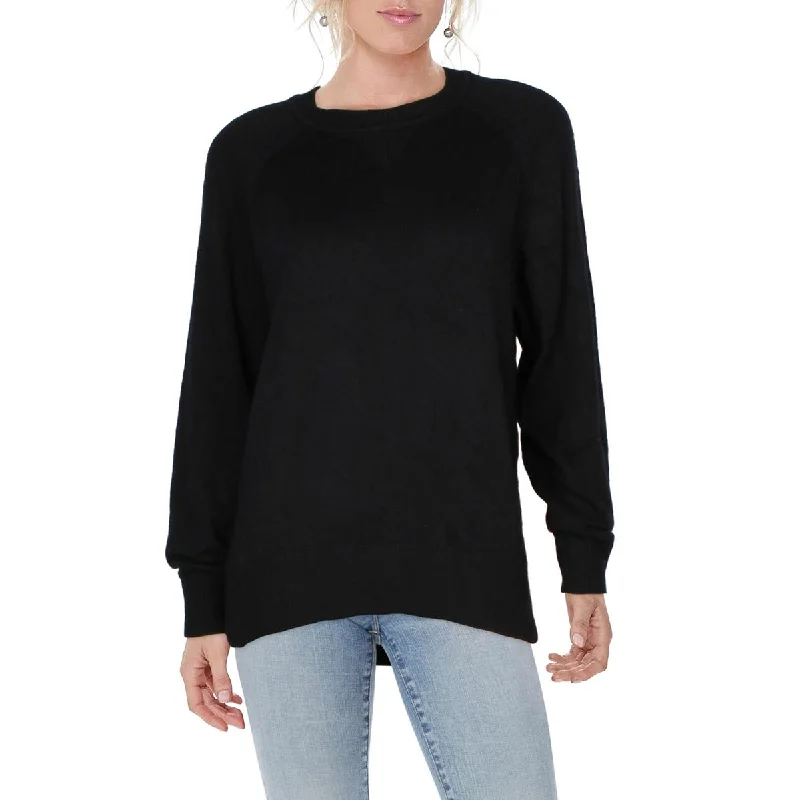 Womens Ribbed Trim Split Hem Pullover Sweater Elbow Length Sleeve