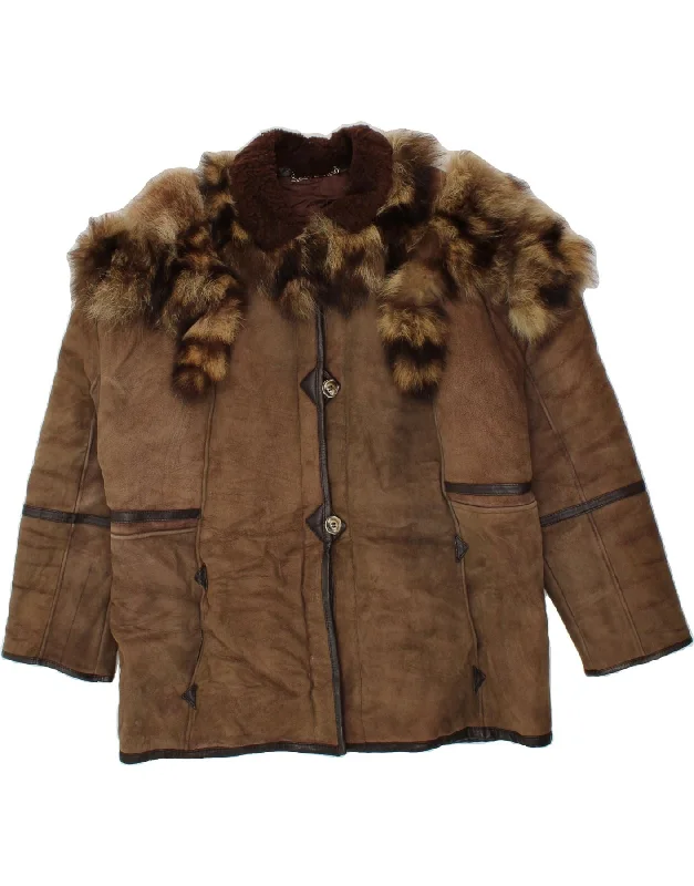 VINTAGE Womens Shearling Jacket UK 18 XL Brown A-Line Jacket Boat Neck Shawl Collar