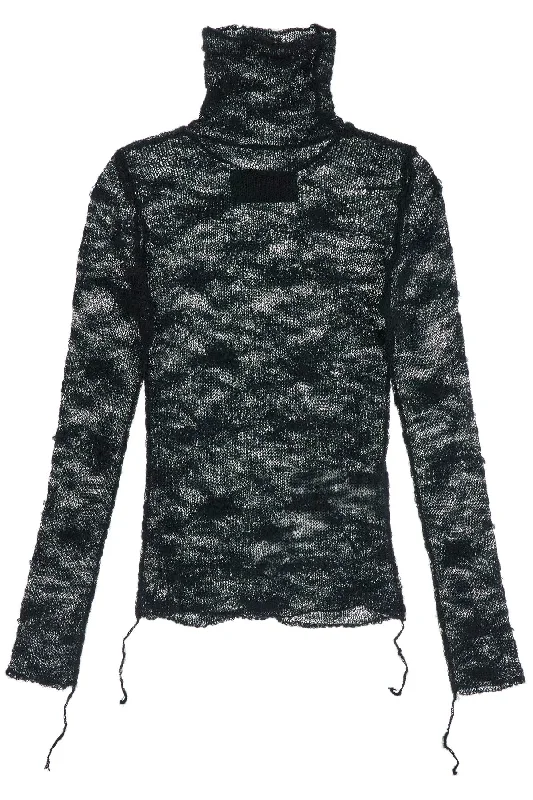 Distressed High-neck Pullover Sweater  - Black Chenille Brocade Lace