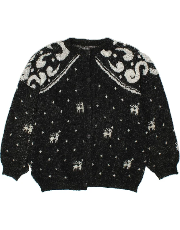 VINTAGE Womens Abstract Pattern Cardigan Sweater UK 18 XL Black Beaded Cardigan Sequined Faux Fur