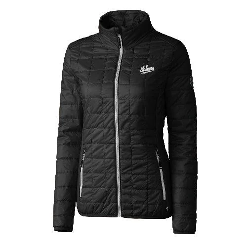 Indiana Hoosiers Cutter & Buck Black Rainier PrimaLoft® Womens Eco Insulated Full Zip Puffer Jacket Zip Front Button Front Snap Front