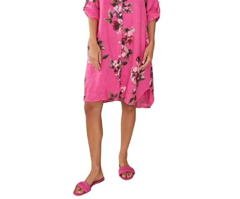 Wildrose Floral Print Linen Dress In Fuchsia
