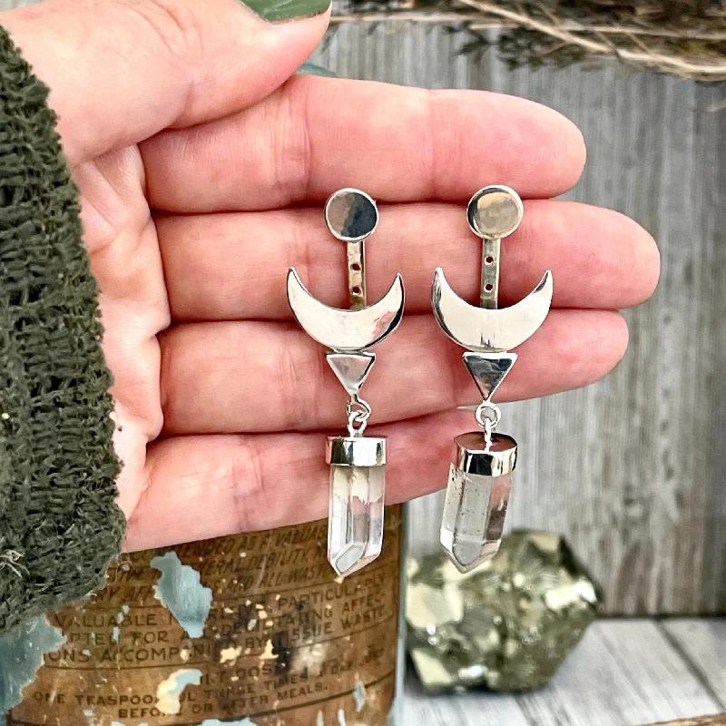 Crescent Moon Ear Jacket Earrings with Natural Clear Quartz Crystals set in Brass or Sterling Silver Wool Fabric Cashmere Fabric Tweed Fabric