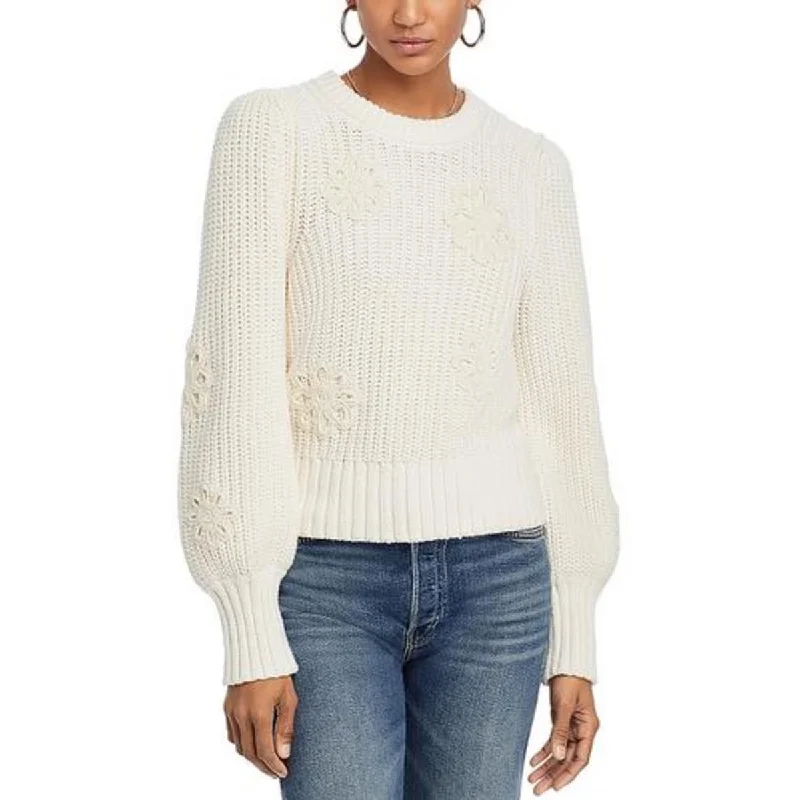 Romy Womens Crochet Long Sleeve Pullover Sweater Gathered Sleeve Pullover