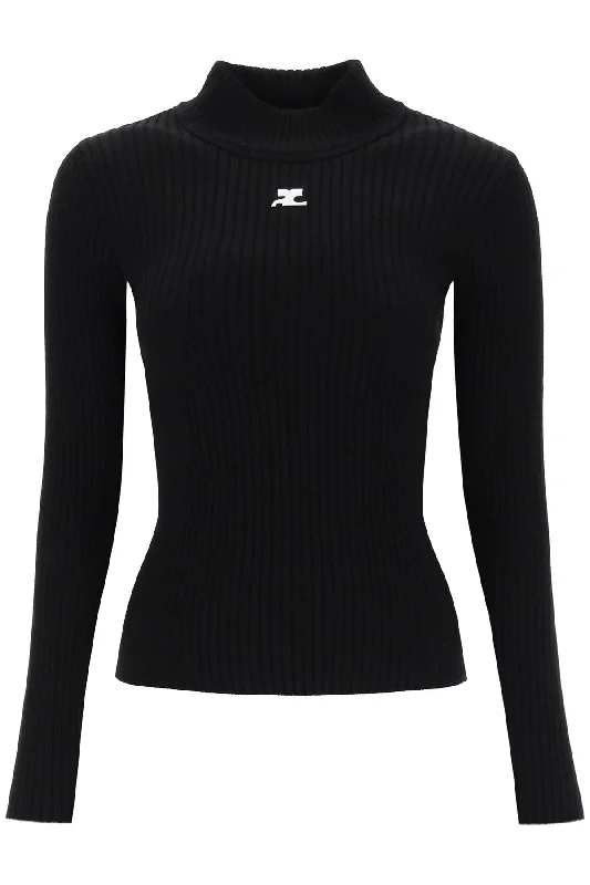 Re-edition Ribbed Funnel-neck Sweater  - Black Hooded Sweater Collared Sweater Shawl Collar