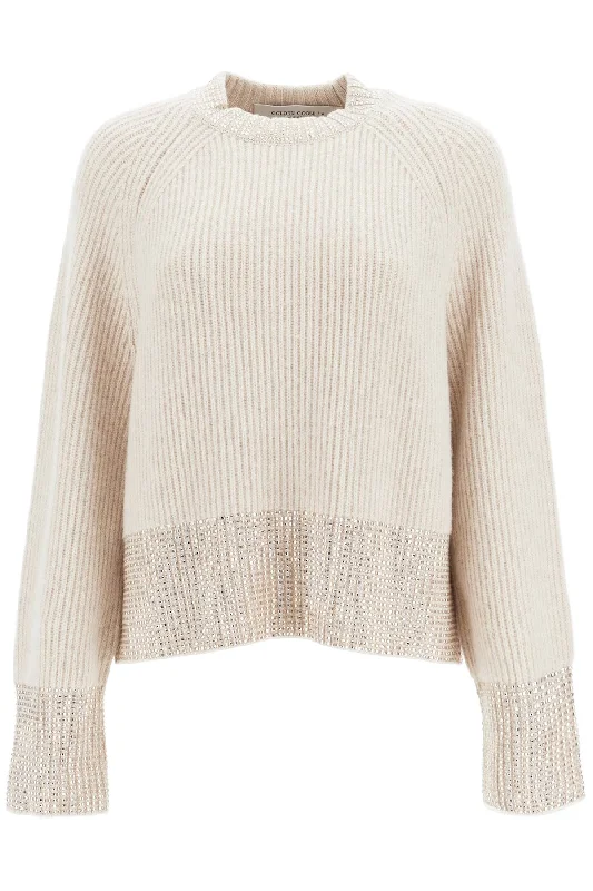 Boxy Sweater With Crystals  - Beige Mesh Sweater Canvas Denim