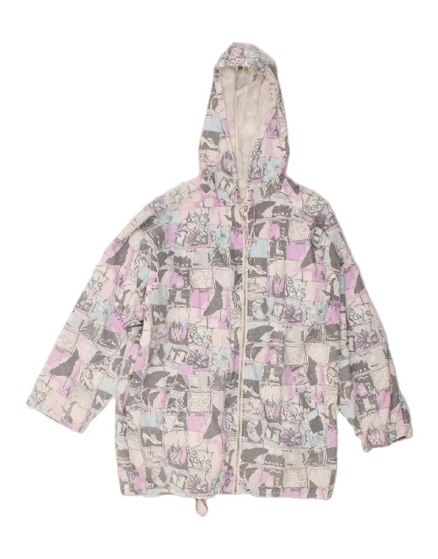 VINTAGE Womens Hooded Rain Jacket EU 38 Medium Grey Patchwork Fleece Fabric Down Fabric Feather Fabric