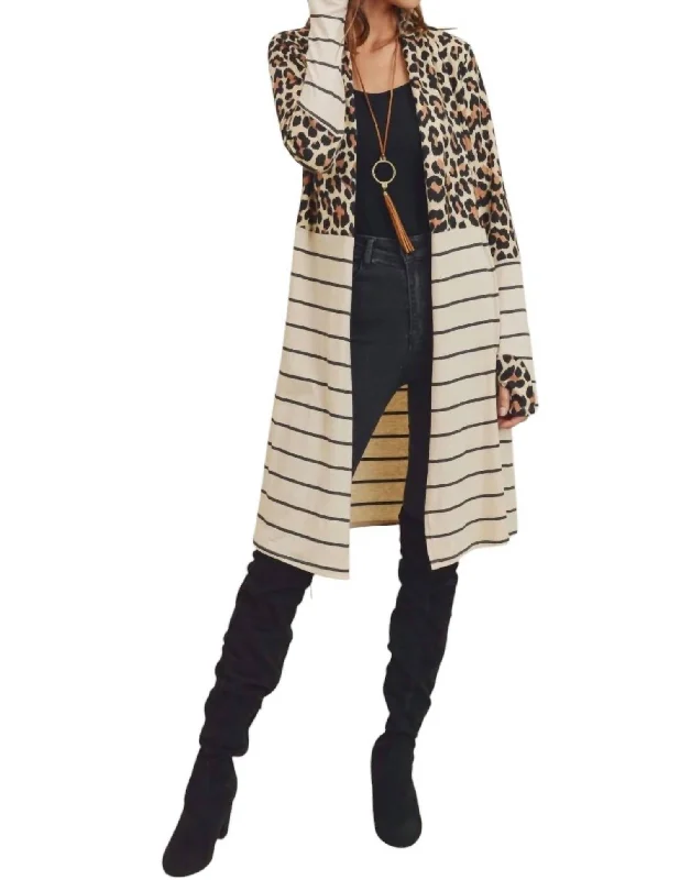 Stripe Block Cardigan In Leopard Print Terry Blend Velvet Blend Canvas Blend