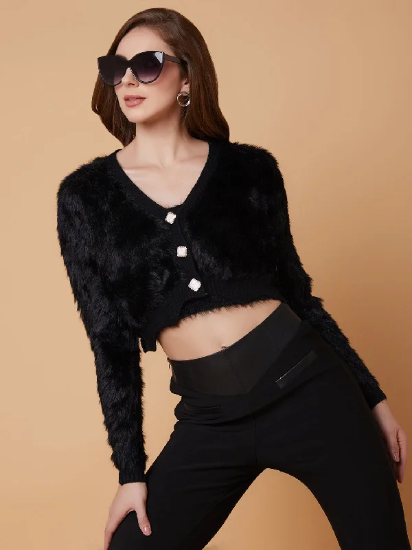 Women Solid Black Crop Cardigan with Inner Slip-9811-Black Boxy Cardigan Fitted Cardigan A-Line Women Solid Black Crop Cardigan with Inner Slip-9811-Black Boxy Cardigan Fitted Cardigan A-Line