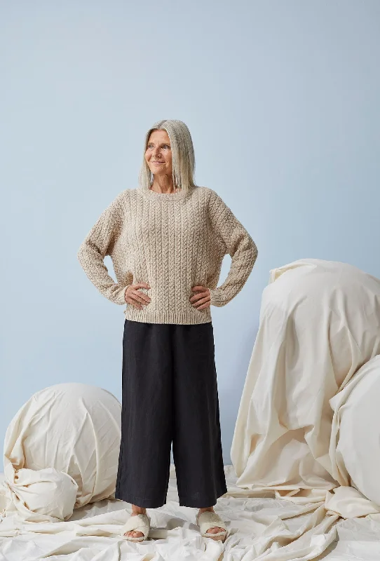 Cable Knit Pullover Light Sand Blouson Sleeve Pullover