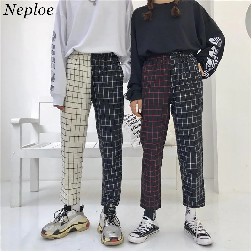 Neploe Vintage Plaid Patchwork Pants Harajuku Woman Man Trousers Elastics High Waist Pants Korean Causal Straight Checkerboard Trousers sophisticated sleek