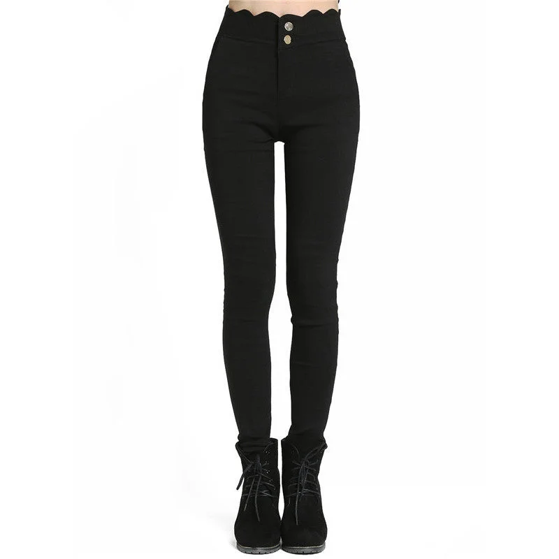 Long Trousers Women's Fashionable Pockets Button Fly Black Scalloped Skinny Pants Trousers Timeless Classic