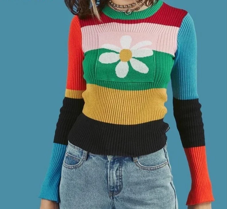 Flowers Sweater | Knitted Rainbow Sweater | Women Sweater | Crew-Neck Long Sleeve Sweater | Women Trendy Sweater | Women Botanical Sweater Seamless Knitted Crochet